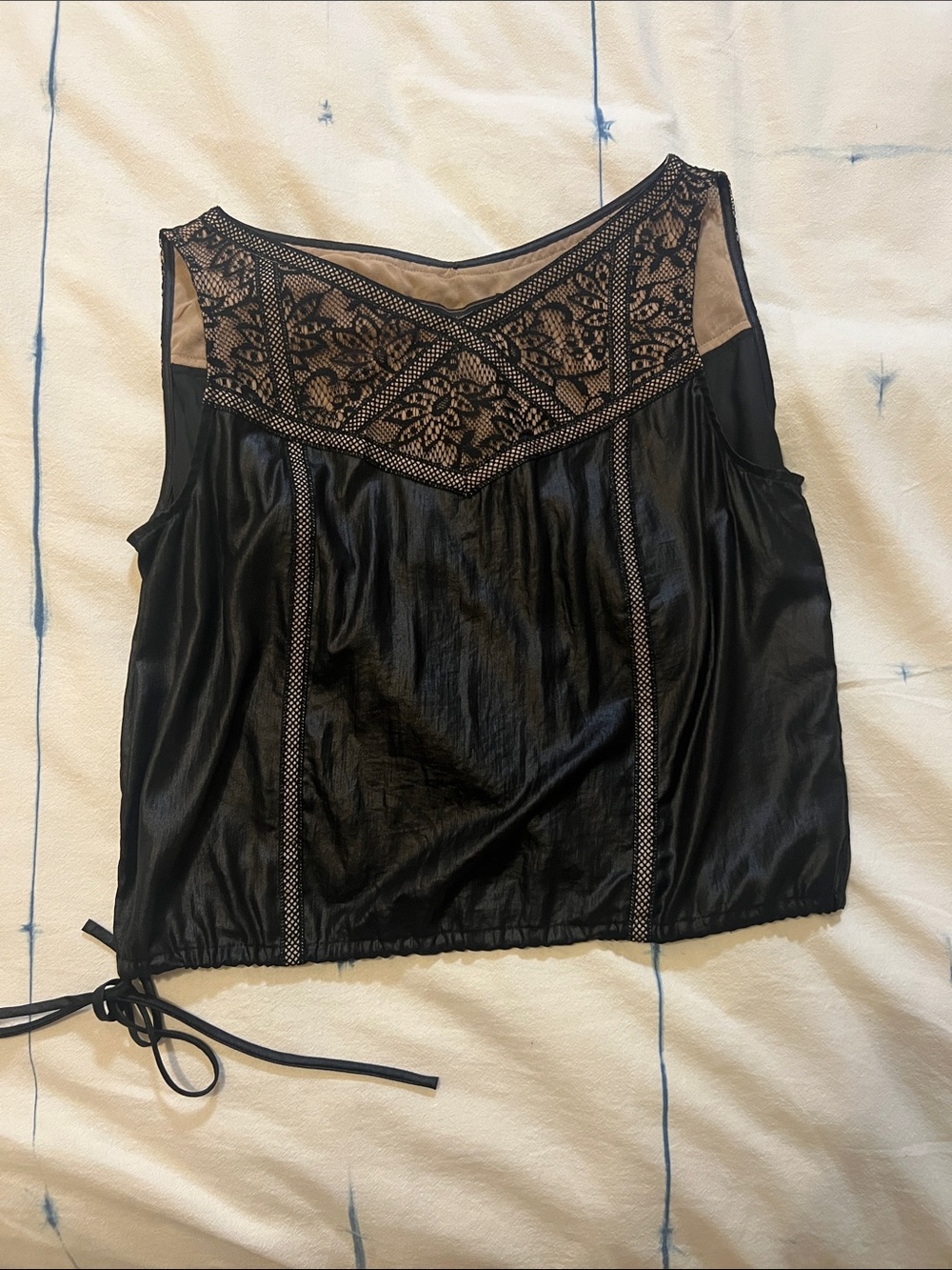 BCBGMaxAzria Black Lace Shell with Nude Lining Drawstring